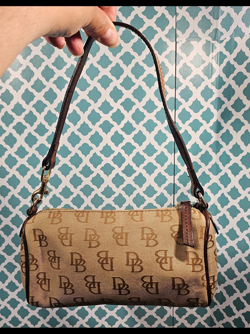 Dooney & Bourke vintage monogram canvas/leather barrel mini bag/wristlet